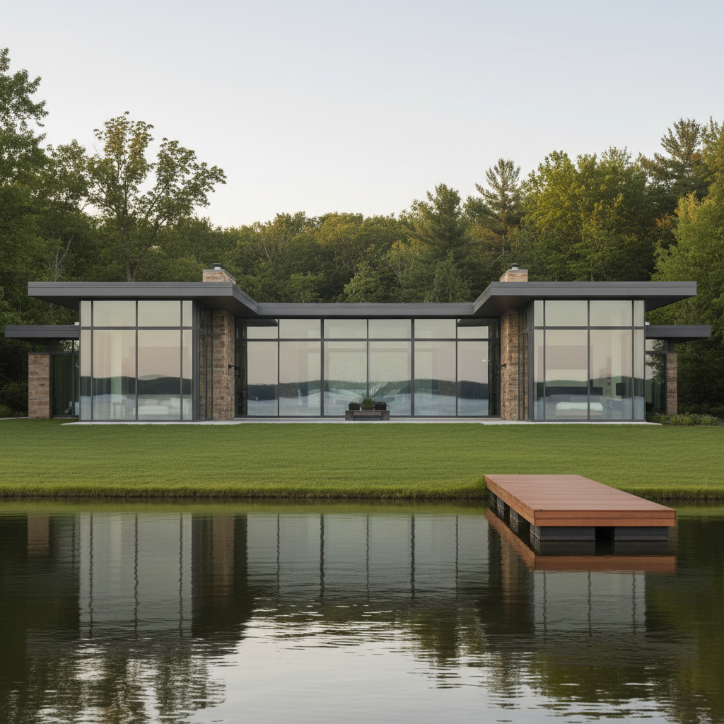 A modern luxury lakefront home exterior with clean architectural lines, expansive glass walls, and a low, elegant roofline in soft charcoal and warm stone. The house is positioned on a manicured lawn that gently slopes toward a calm West Michigan lake, with a sleek wooden dock extending into still water. Early evening natural light casts a soft, neutral glow, creating subtle reflections on the glass and water. The mood is refined, calm, and aspirational. Photographed from a slightly elevated angle with balanced, symmetrical composition and sharp focus throughout, emphasizing the structure’s geometry and the serene shoreline. The style is photographic realism with a clean, corporate aesthetic and neutral tones.